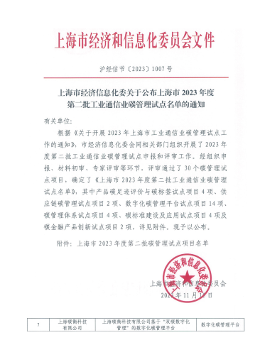 上海市2023年度工業(yè)通信業(yè)碳管理試點單位